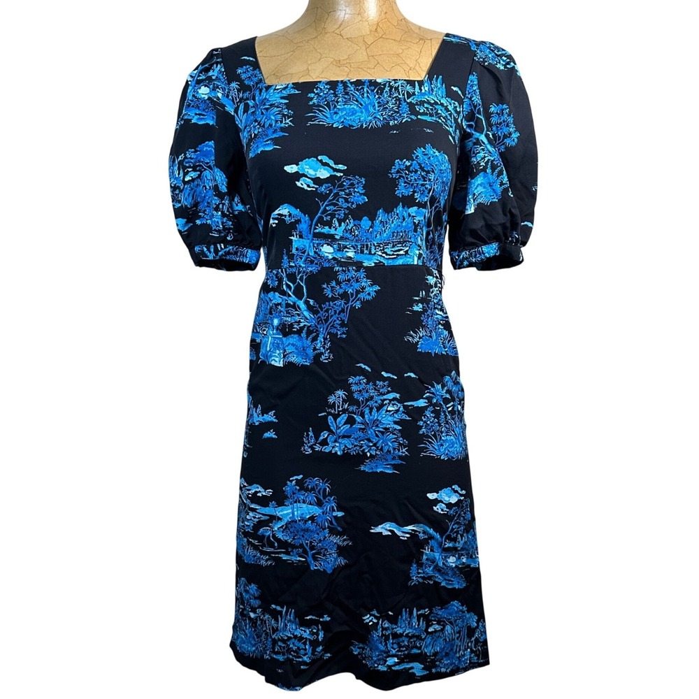 Ann Taylor Petite Blue Black Toile Chinoiserie‎ Print Puff Square Neck Dress